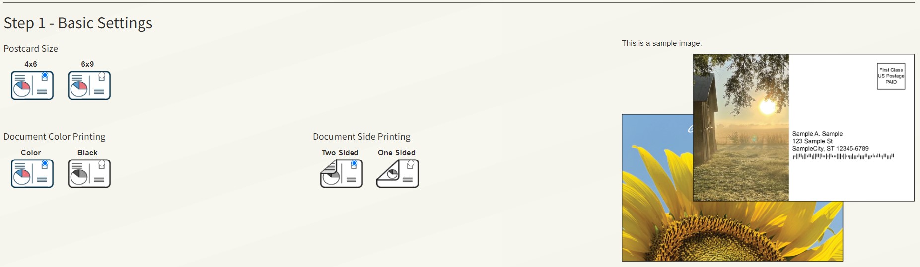 user interface for postcard preferences on size, color or monochrome, single or double sided